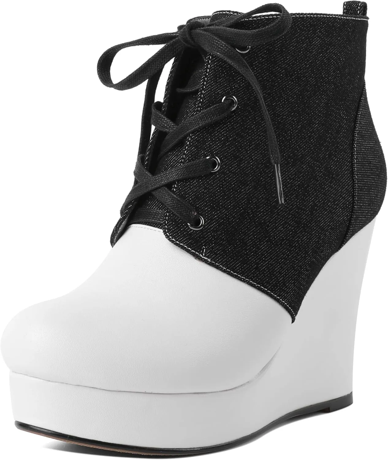 Joseywade Wedge Heels Ankle Boots for Women Platform Boots Round Toe Short Booties Lace-up 4 Inch