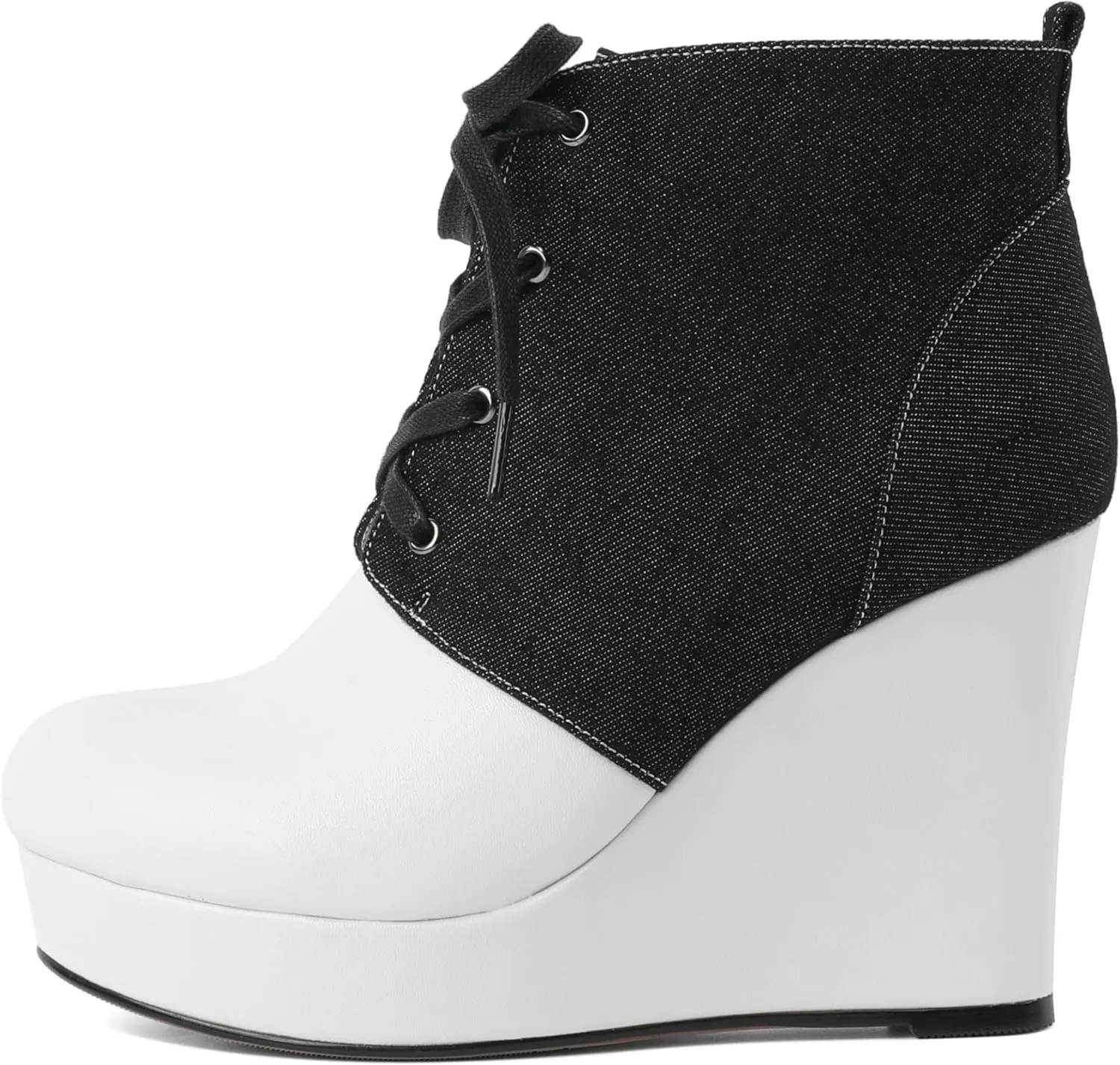 Joseywade Wedge Heels Ankle Boots for Women Platform Boots Round Toe Short Booties Lace-up 4 Inch
