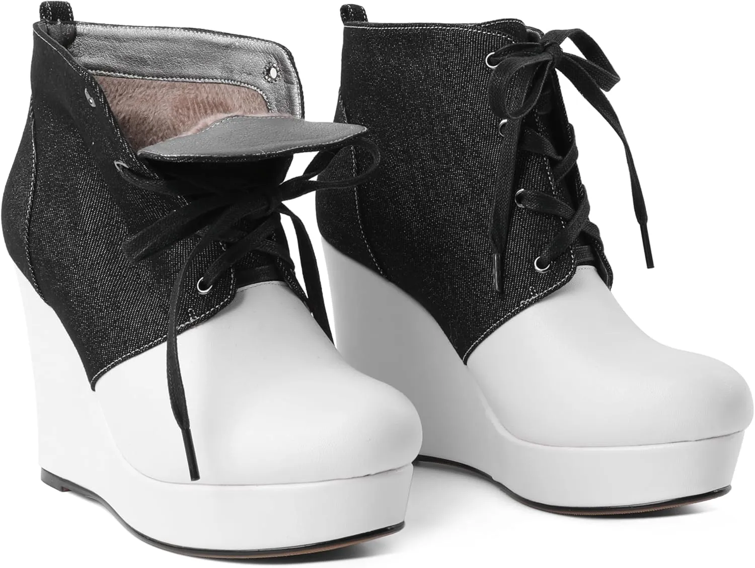 Joseywade Wedge Heels Ankle Boots for Women Platform Boots Round Toe Short Booties Lace-up 4 Inch