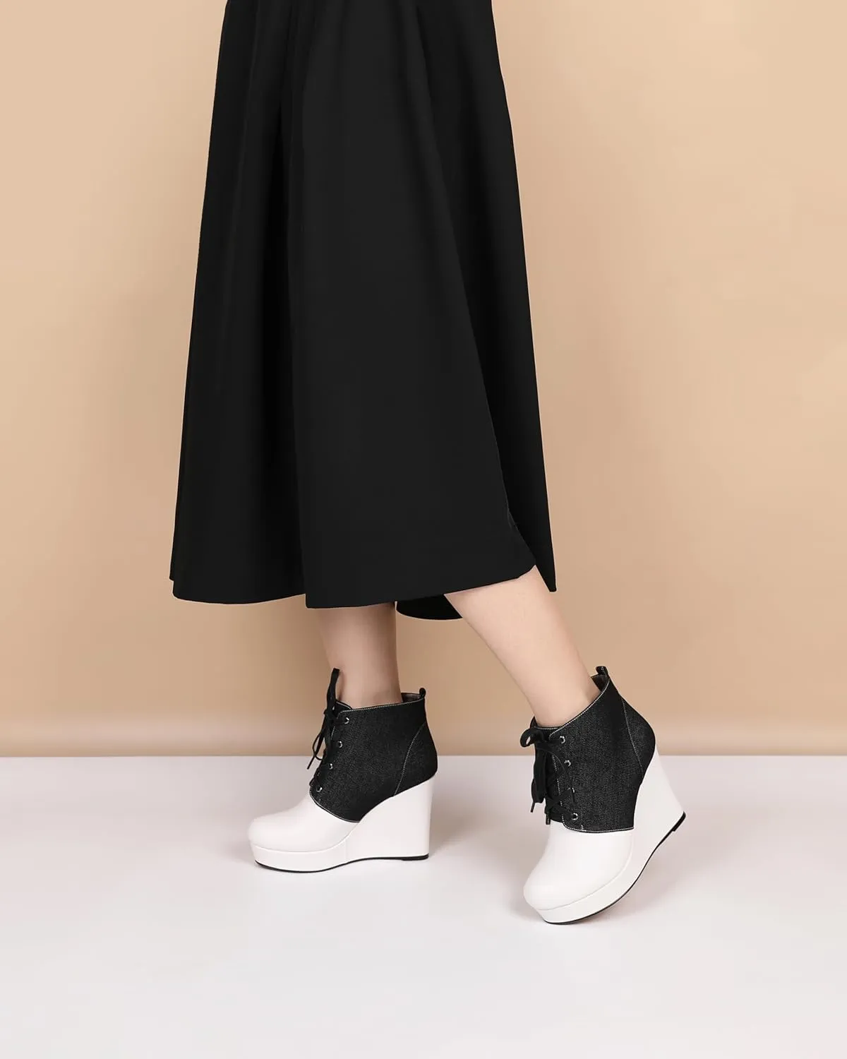 Joseywade Wedge Heels Ankle Boots for Women Platform Boots Round Toe Short Booties Lace-up 4 Inch