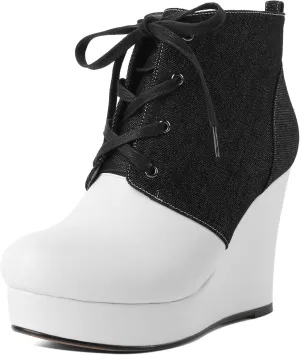 Joseywade Wedge Heels Ankle Boots for Women Platform Boots Round Toe Short Booties Lace-up 4 Inch