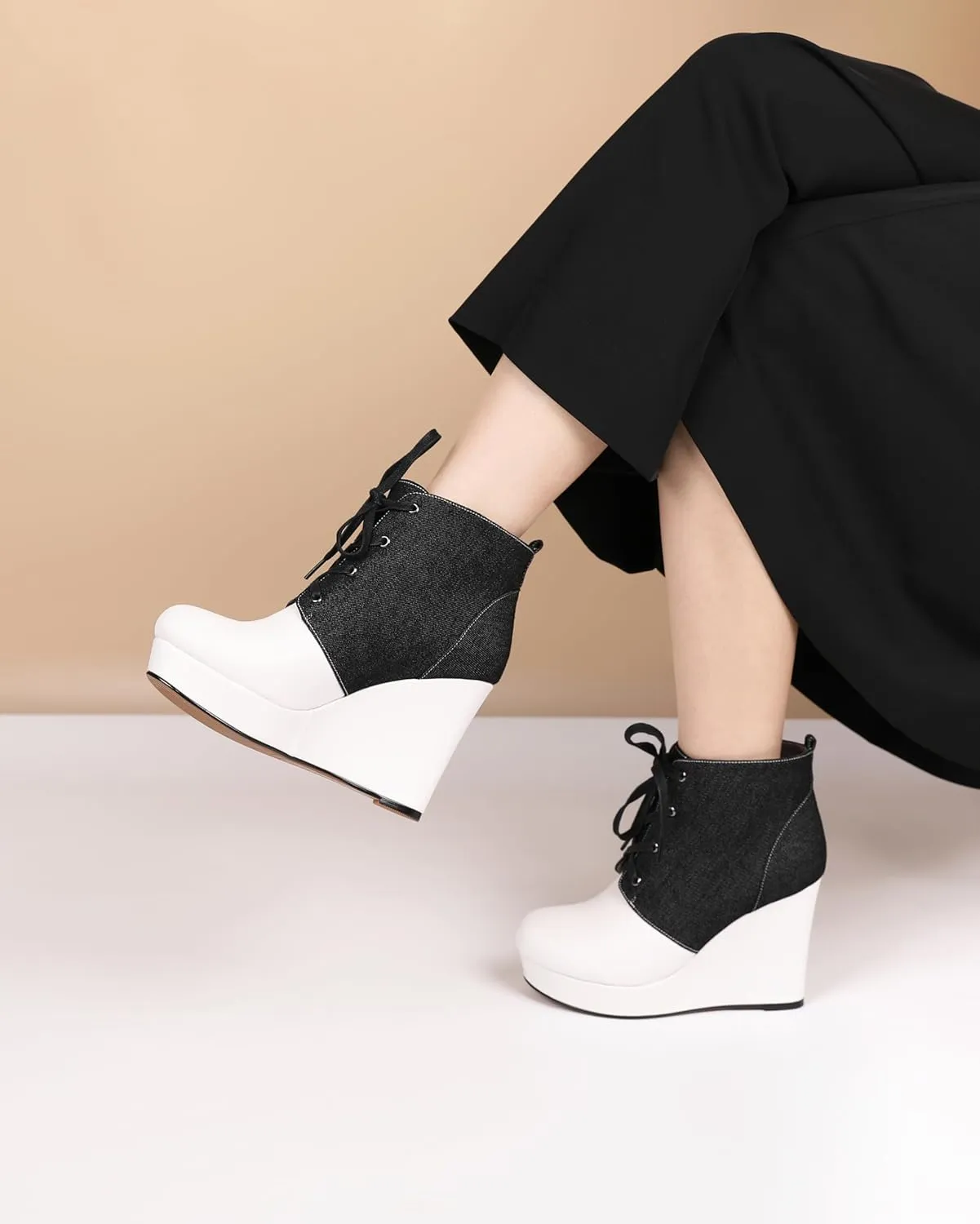 Joseywade Wedge Heels Ankle Boots for Women Platform Boots Round Toe Short Booties Lace-up 4 Inch