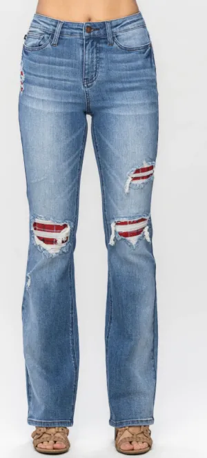 Judy Blue Livin' in Plaid Patch Mid Rise Boot Cut Jean