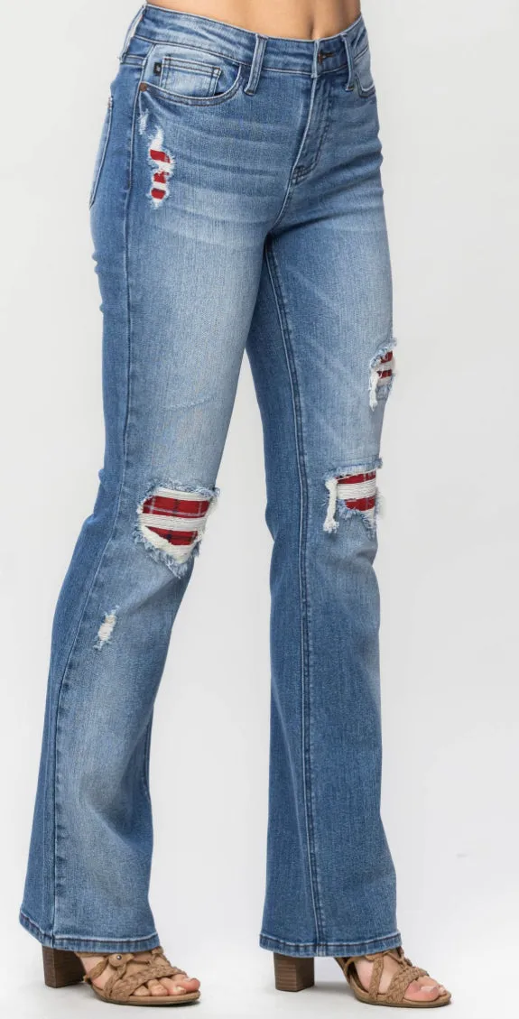 Judy Blue Livin' in Plaid Patch Mid Rise Boot Cut Jean