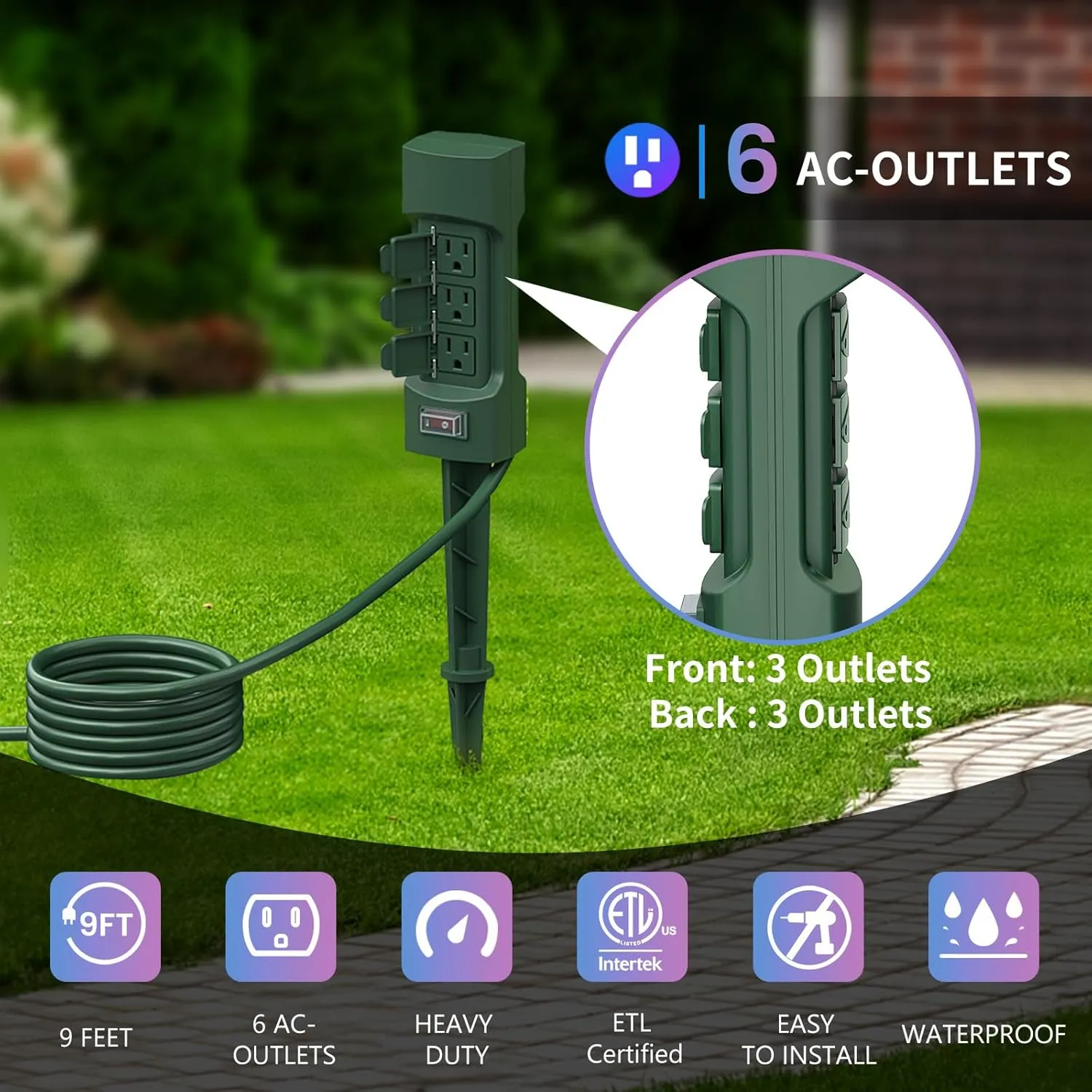 K KASONIC Outdoor Power Stake, Kasonic 6-Outlet 9 ft Extension Cord Power Strip, Double Sided with Weatherproof Safety Flip Covers, ETL Certified Multi-Outlets (Outdoor)