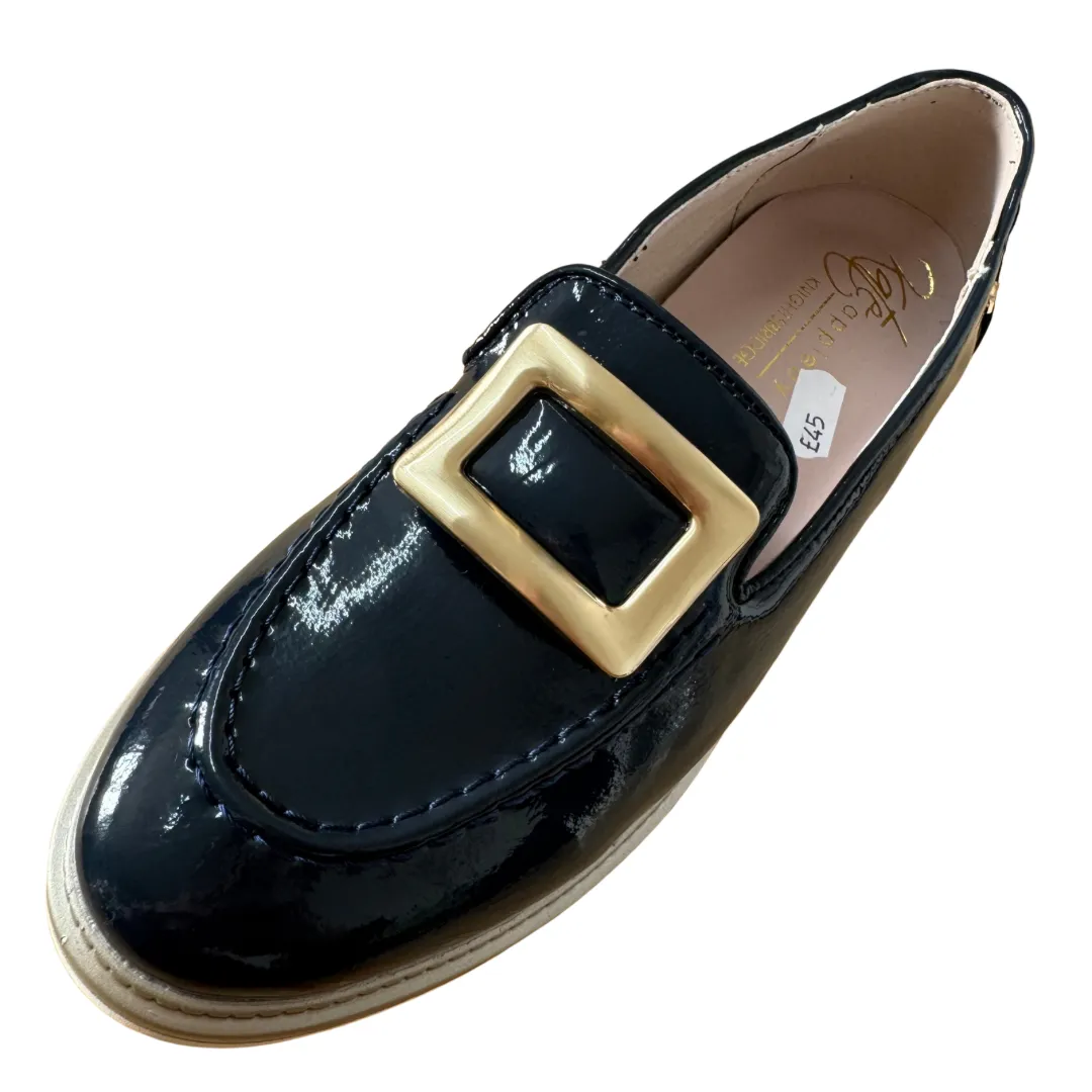 Kate Appleby Navy Patent Loafer with Gold Detail