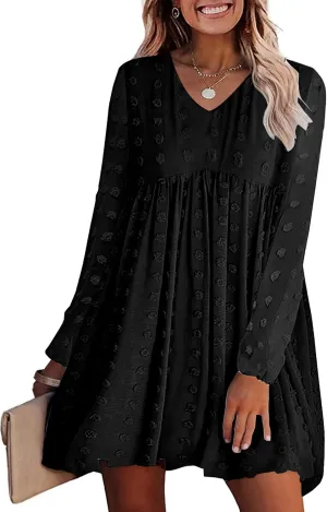 KIRUNDO Womens Dresses 2024 Spring Summer Long Sleeve Mini Dress V Neck Flowy Casual Swiss Dot Loose Babydoll Dress