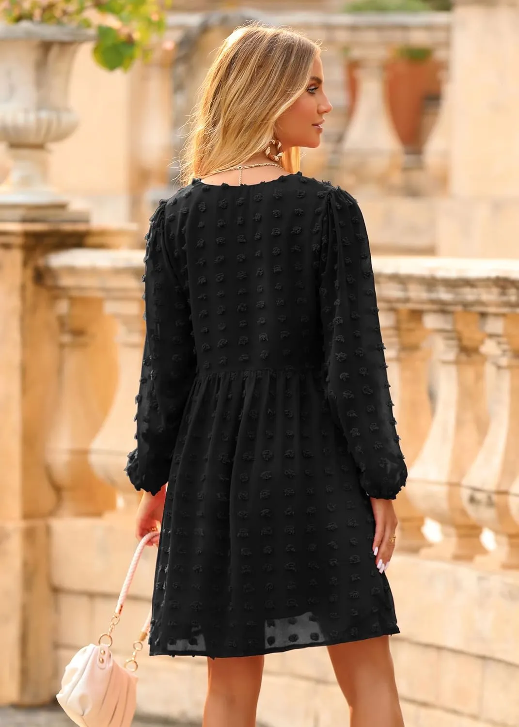 KIRUNDO Womens Dresses 2024 Spring Summer Long Sleeve Mini Dress V Neck Flowy Casual Swiss Dot Loose Babydoll Dress