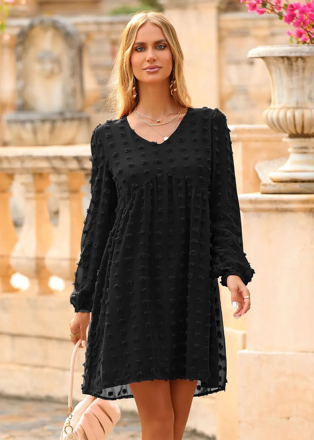 KIRUNDO Womens Dresses 2024 Spring Summer Long Sleeve Mini Dress V Neck Flowy Casual Swiss Dot Loose Babydoll Dress