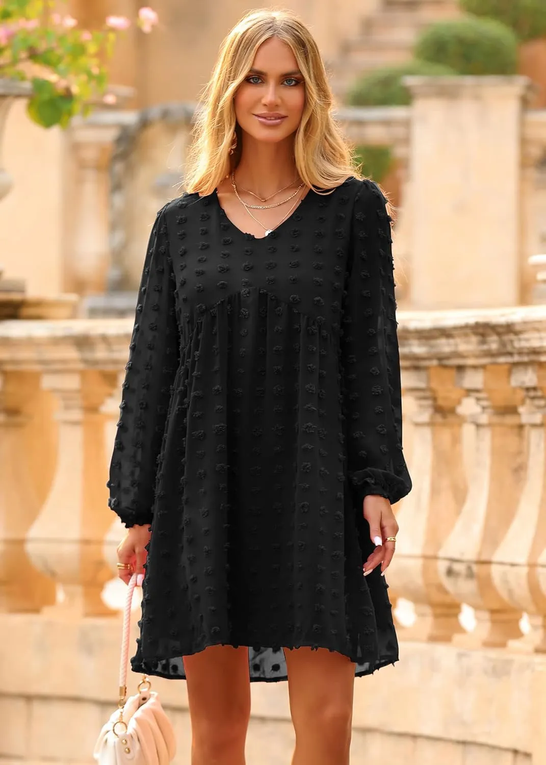 KIRUNDO Womens Dresses 2024 Spring Summer Long Sleeve Mini Dress V Neck Flowy Casual Swiss Dot Loose Babydoll Dress
