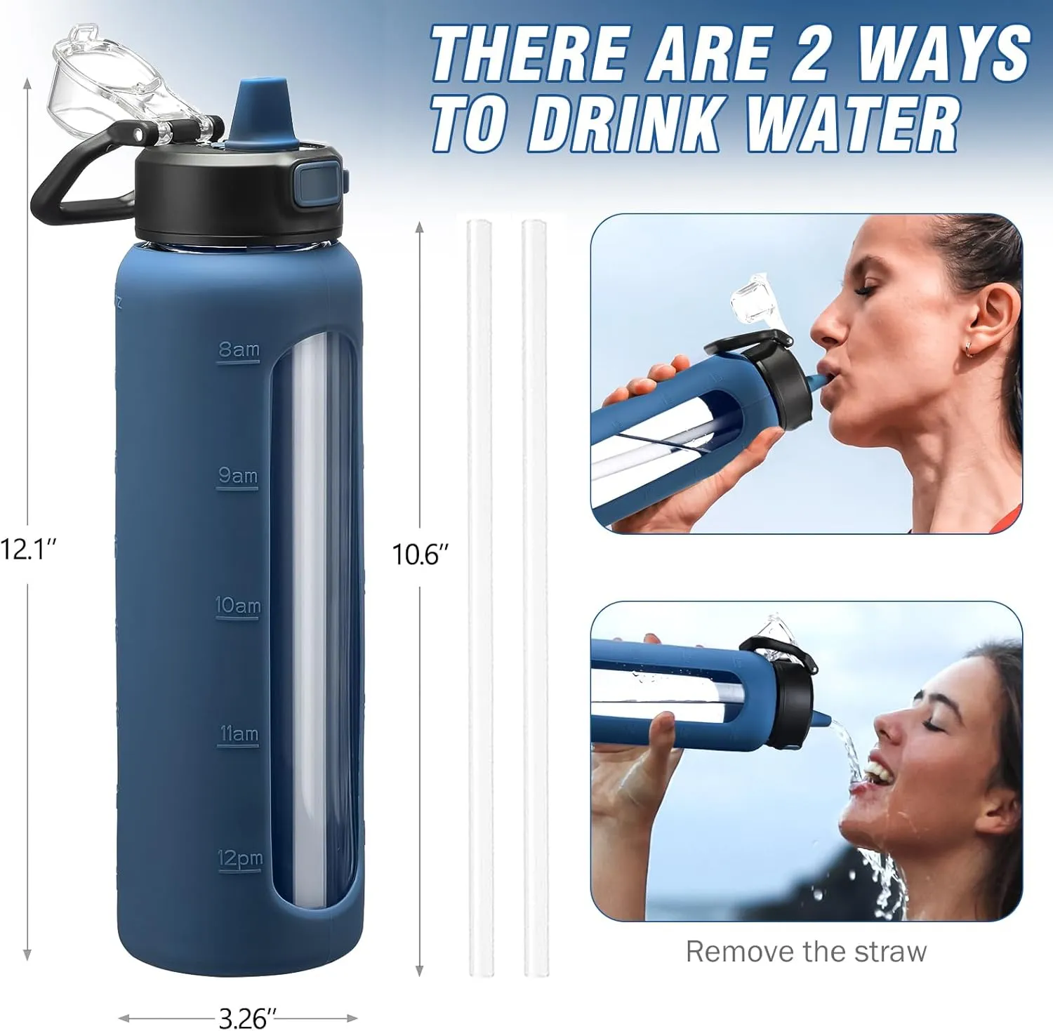 Kodrine 32 oz Glass Water Bottle with Straw and Carry Loop, One-Touch Leakproof Locking Lid, Reusable Drinking Bottle with Time Marker for Travel Home Gym Sports (Navy Blue)