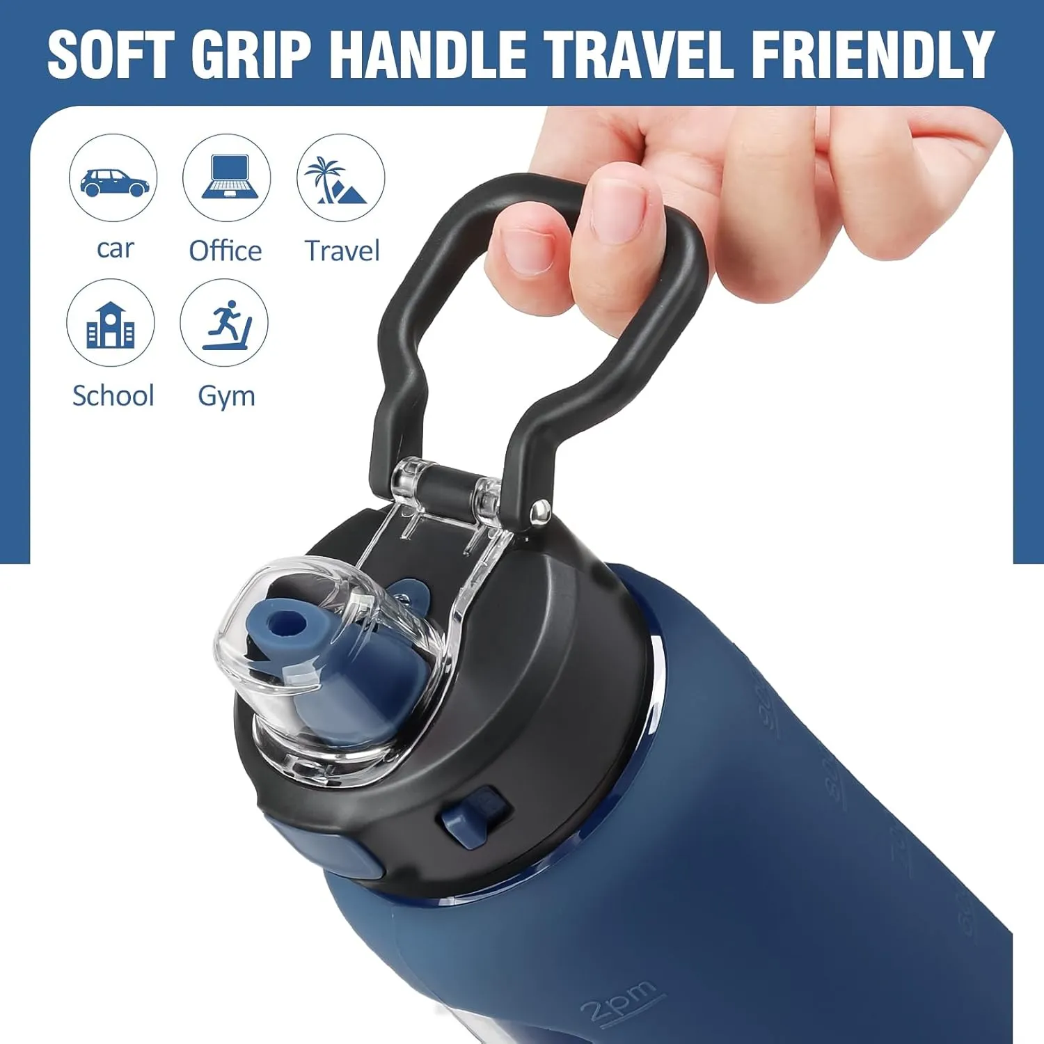 Kodrine 32 oz Glass Water Bottle with Straw and Carry Loop, One-Touch Leakproof Locking Lid, Reusable Drinking Bottle with Time Marker for Travel Home Gym Sports (Navy Blue)