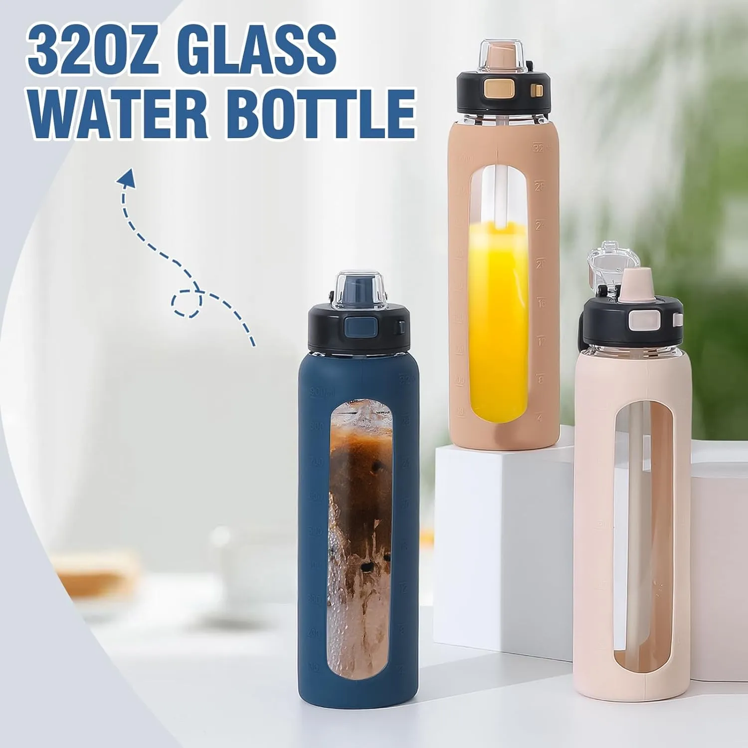 Kodrine 32 oz Glass Water Bottle with Straw and Carry Loop, One-Touch Leakproof Locking Lid, Reusable Drinking Bottle with Time Marker for Travel Home Gym Sports (Navy Blue)