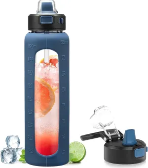 Kodrine 32 oz Glass Water Bottle with Straw and Carry Loop, One-Touch Leakproof Locking Lid, Reusable Drinking Bottle with Time Marker for Travel Home Gym Sports (Navy Blue)