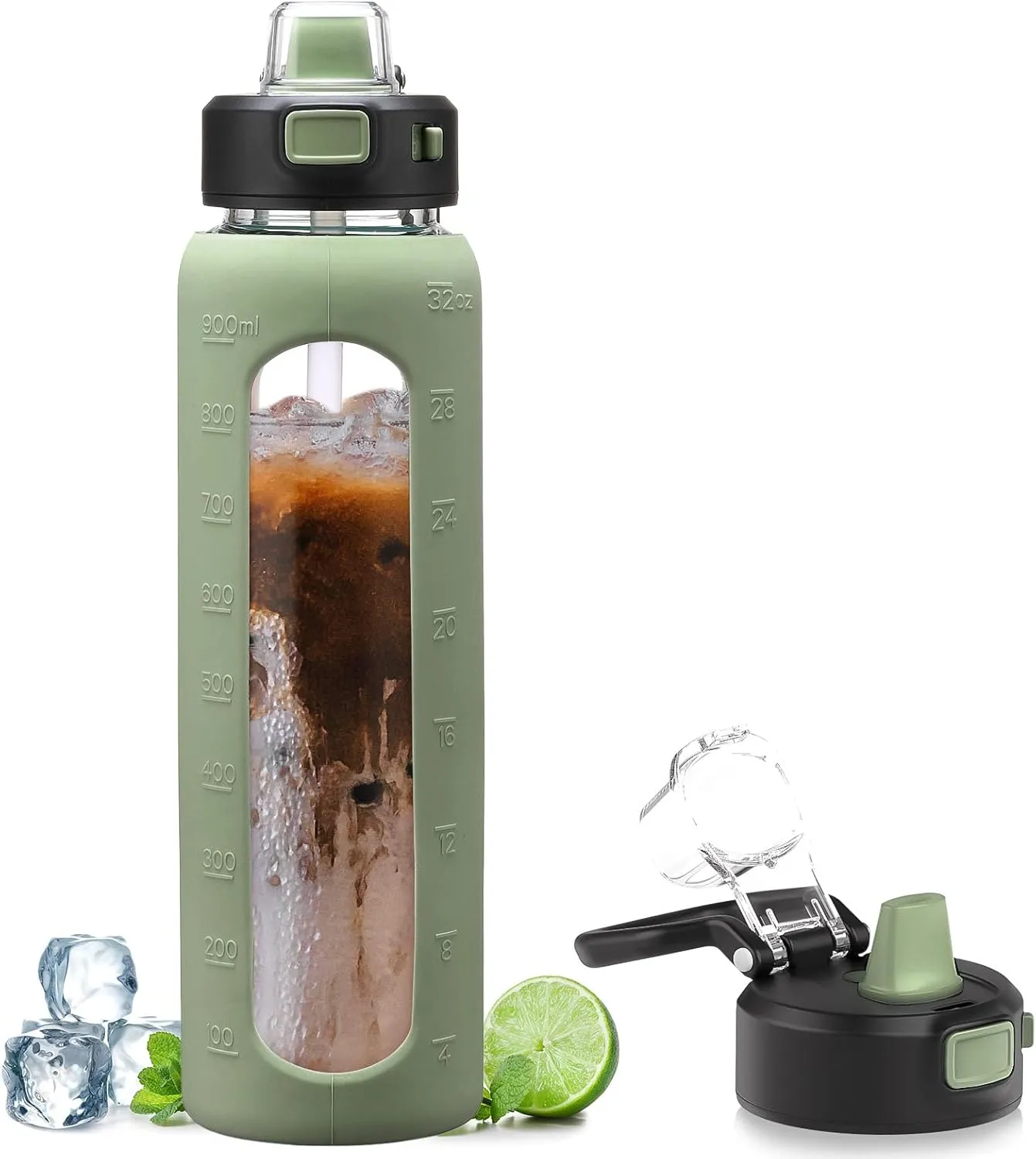 Kodrine 32 oz Glass Water Bottle with Straw and Carry Loop, One-Touch Leakproof Locking Lid, Reusable Drinking Bottle with Time Marker for Travel Home Gym Sports (Olive)