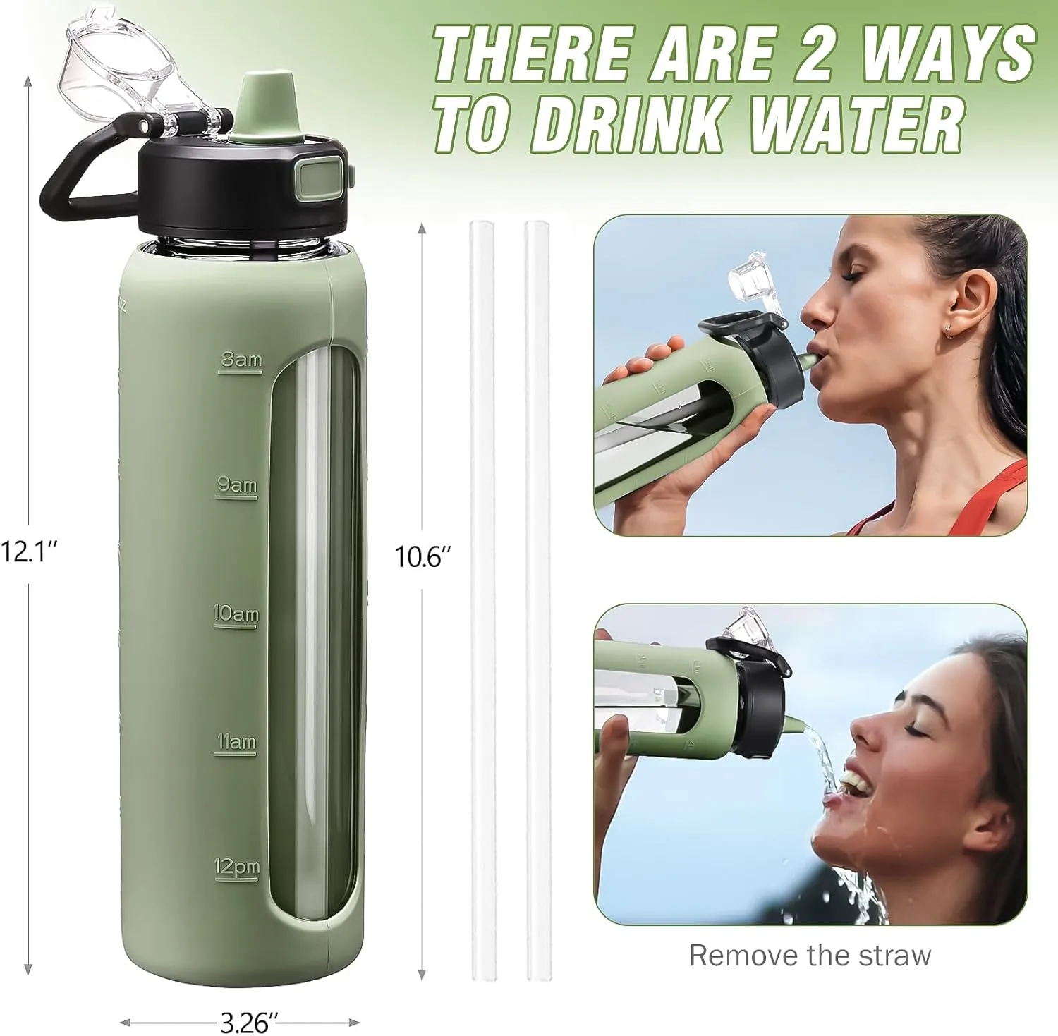 Kodrine 32 oz Glass Water Bottle with Straw and Carry Loop, One-Touch Leakproof Locking Lid, Reusable Drinking Bottle with Time Marker for Travel Home Gym Sports (Olive)