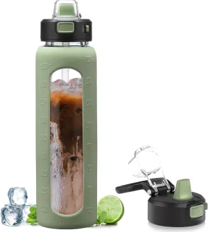 Kodrine 32 oz Glass Water Bottle with Straw and Carry Loop, One-Touch Leakproof Locking Lid, Reusable Drinking Bottle with Time Marker for Travel Home Gym Sports (Olive)
