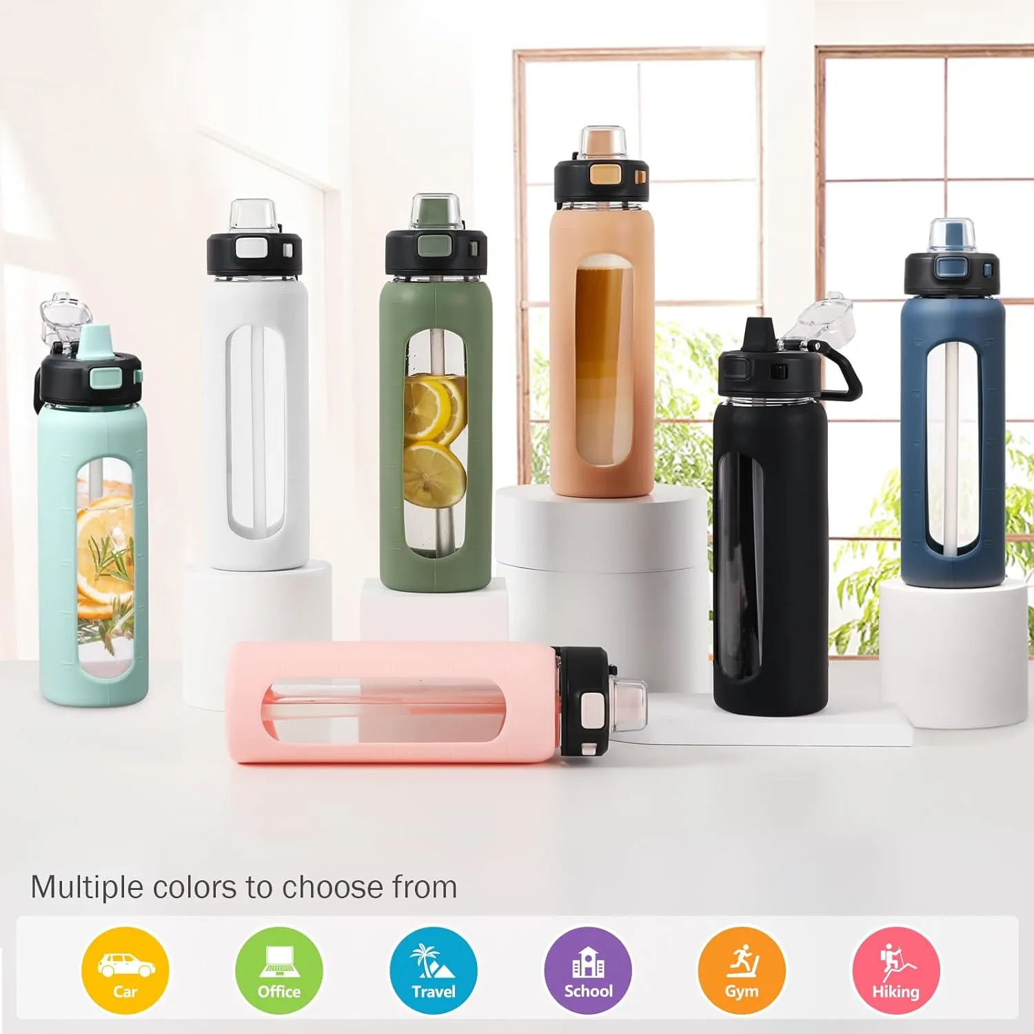 Kodrine Water Bottle With Straw and Carry Handle, Glass Water Bottle 24 oz Leak Proof Locking Lid with Soft Silicone Spout, Reusable Drinking Cups for Travel Sports with Time Marker,Light Blue