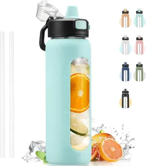 Kodrine Water Bottle With Straw and Carry Handle, Glass Water Bottle 24 oz Leak Proof Locking Lid with Soft Silicone Spout, Reusable Drinking Cups for Travel Sports with Time Marker,Light Blue