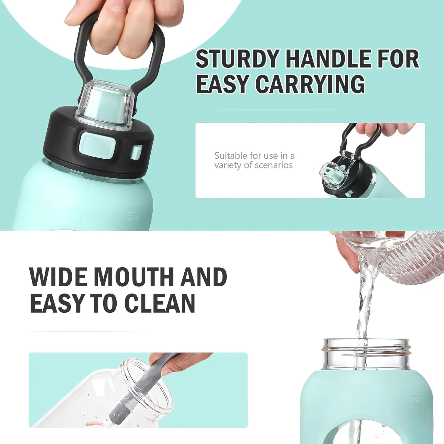 Kodrine Water Bottle With Straw and Carry Handle, Glass Water Bottle 24 oz Leak Proof Locking Lid with Soft Silicone Spout, Reusable Drinking Cups for Travel Sports with Time Marker,Light Blue