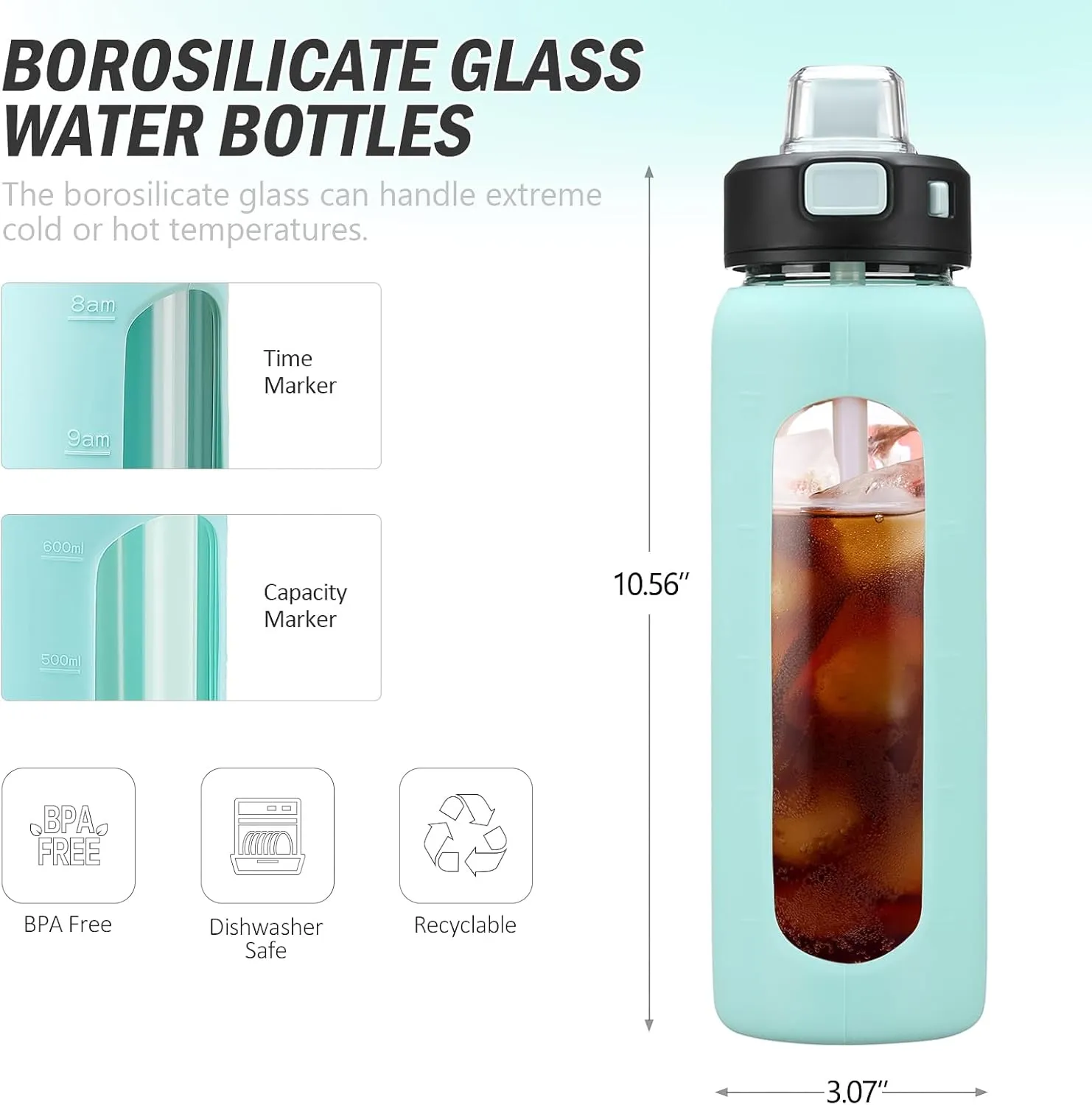 Kodrine Water Bottle With Straw and Carry Handle, Glass Water Bottle 24 oz Leak Proof Locking Lid with Soft Silicone Spout, Reusable Drinking Cups for Travel Sports with Time Marker,Light Blue