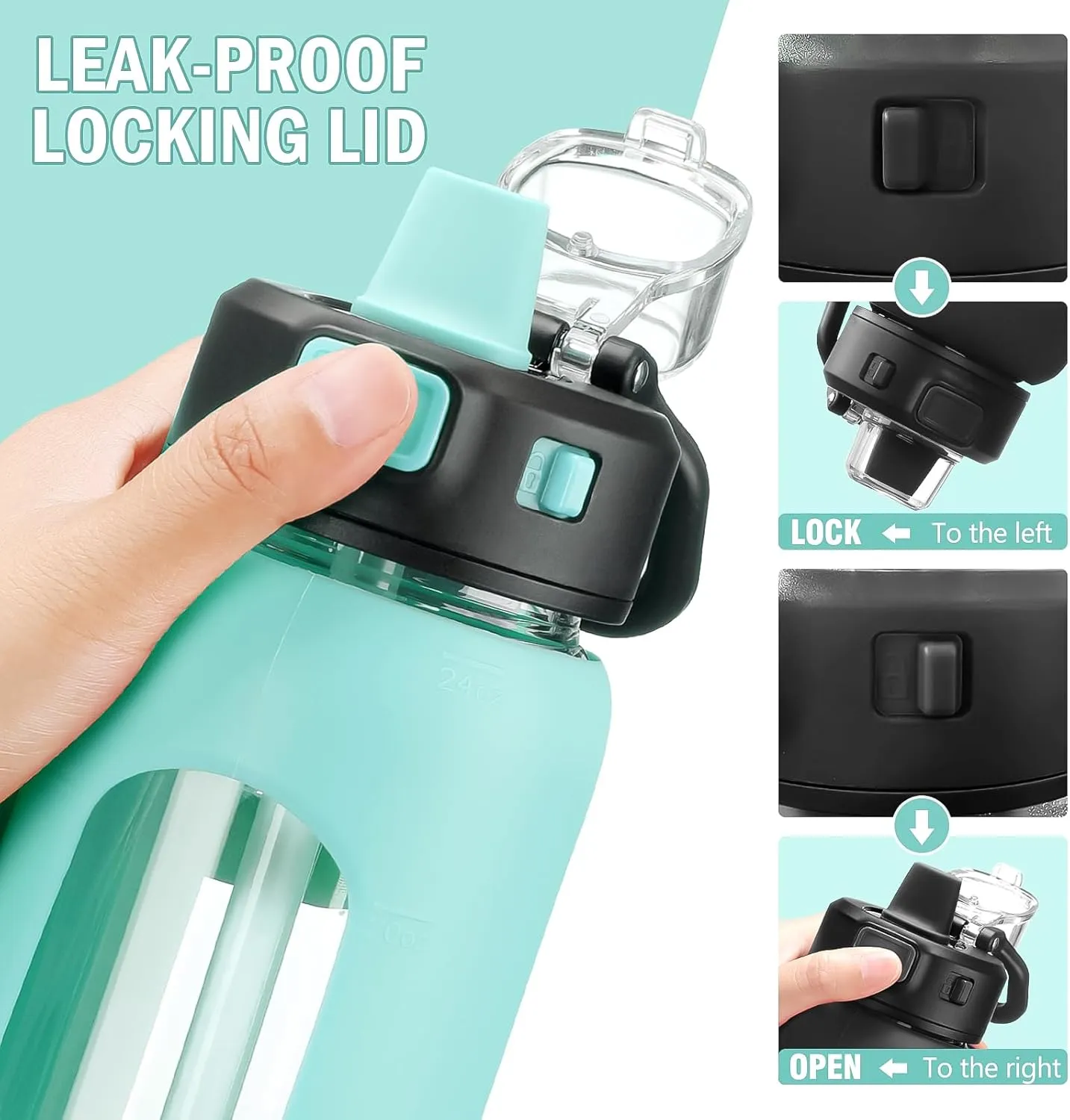 Kodrine Water Bottle With Straw and Carry Handle, Glass Water Bottle 24 oz Leak Proof Locking Lid with Soft Silicone Spout, Reusable Drinking Cups for Travel Sports with Time Marker,Light Blue