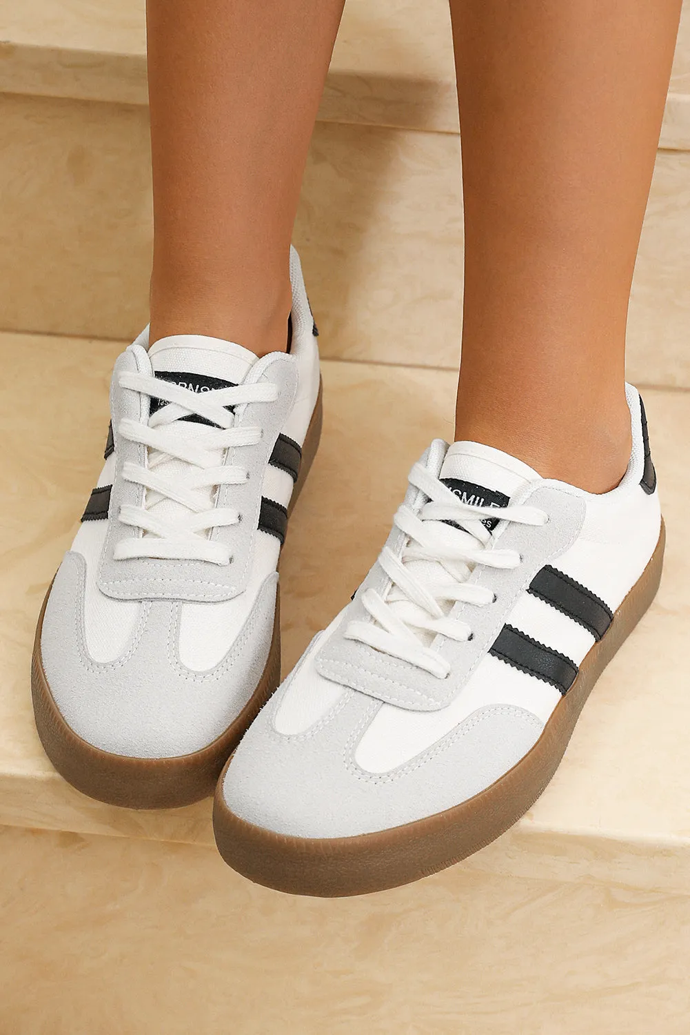Lace Up Sneaker — White with Black Stripe