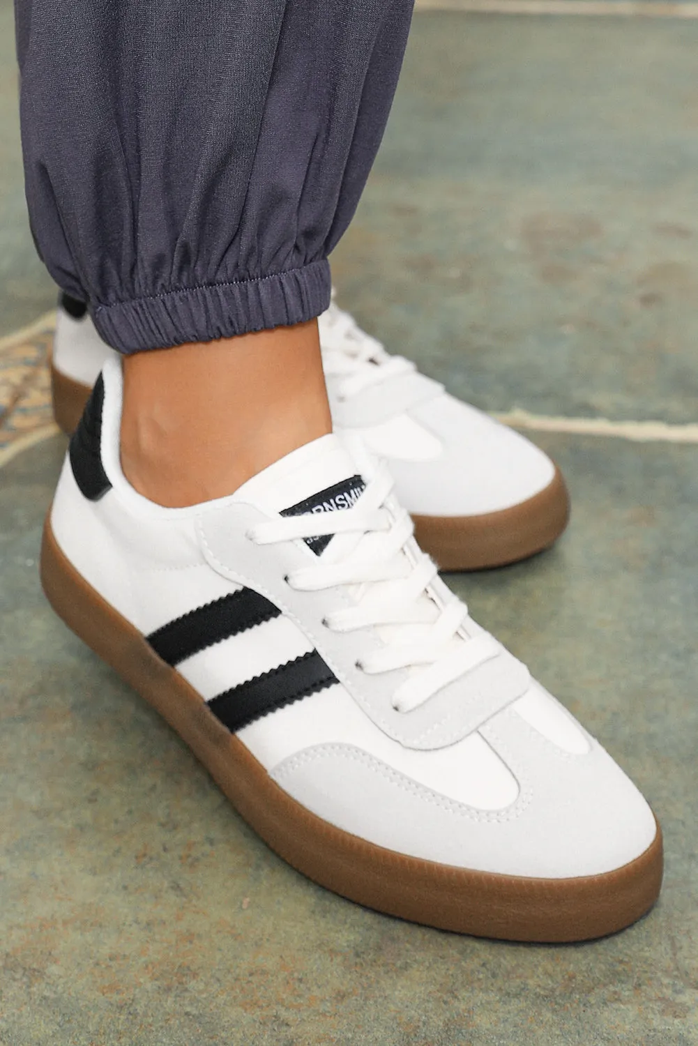 Lace Up Sneaker — White with Black Stripe