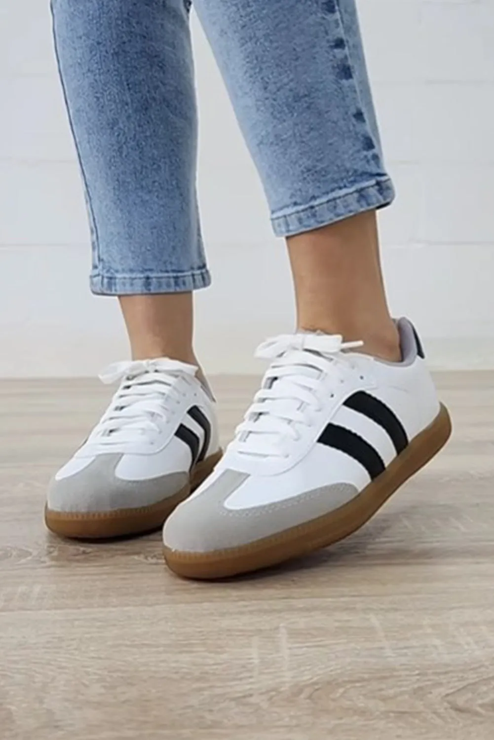 Lace Up Sneaker — White with Black Stripe