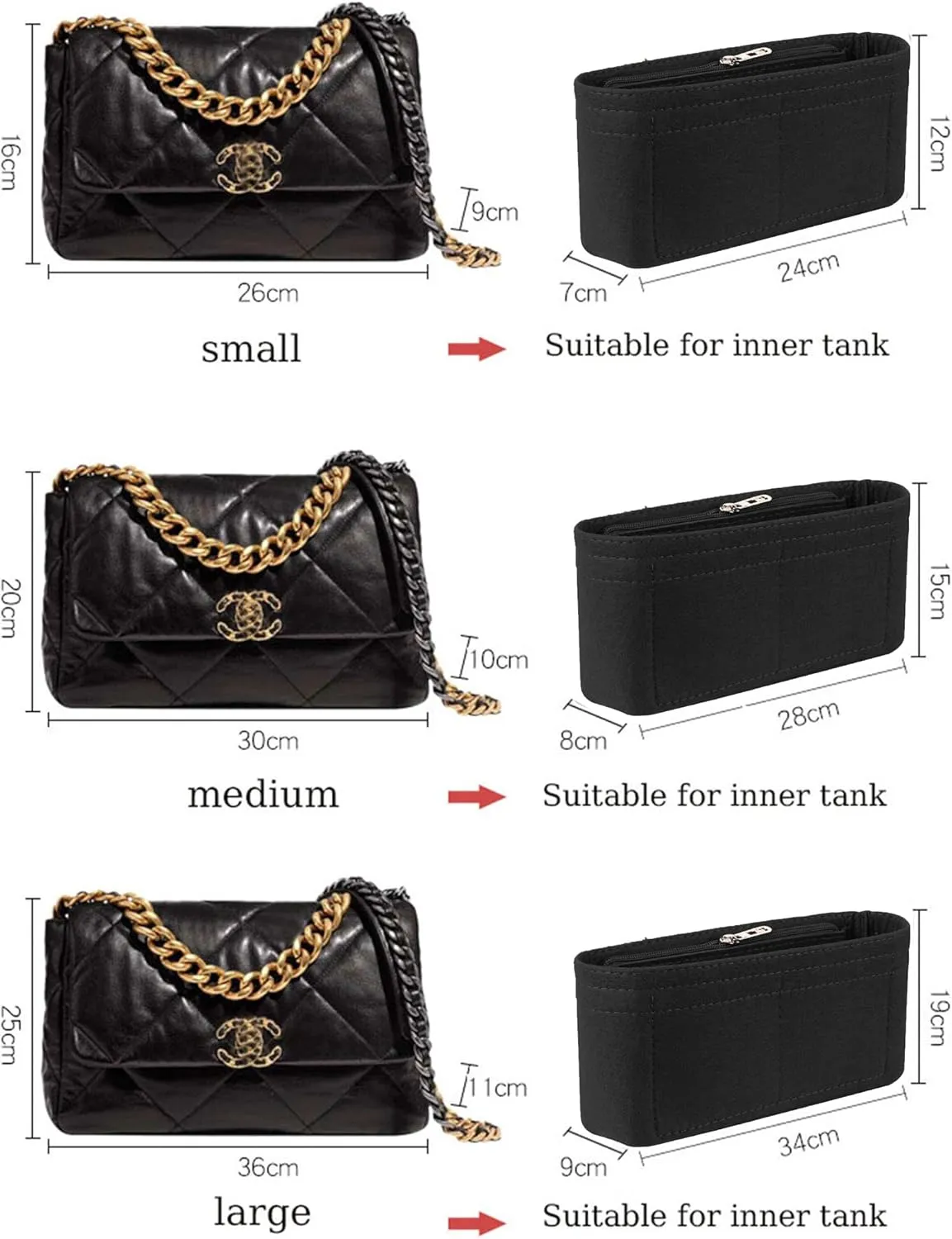 Lckaey Purse Organizer Insert for Chanel 19 Small bag with Side Zipper Pocket Handbag Chanel Maxi Flip bag Organizer Y002black-M