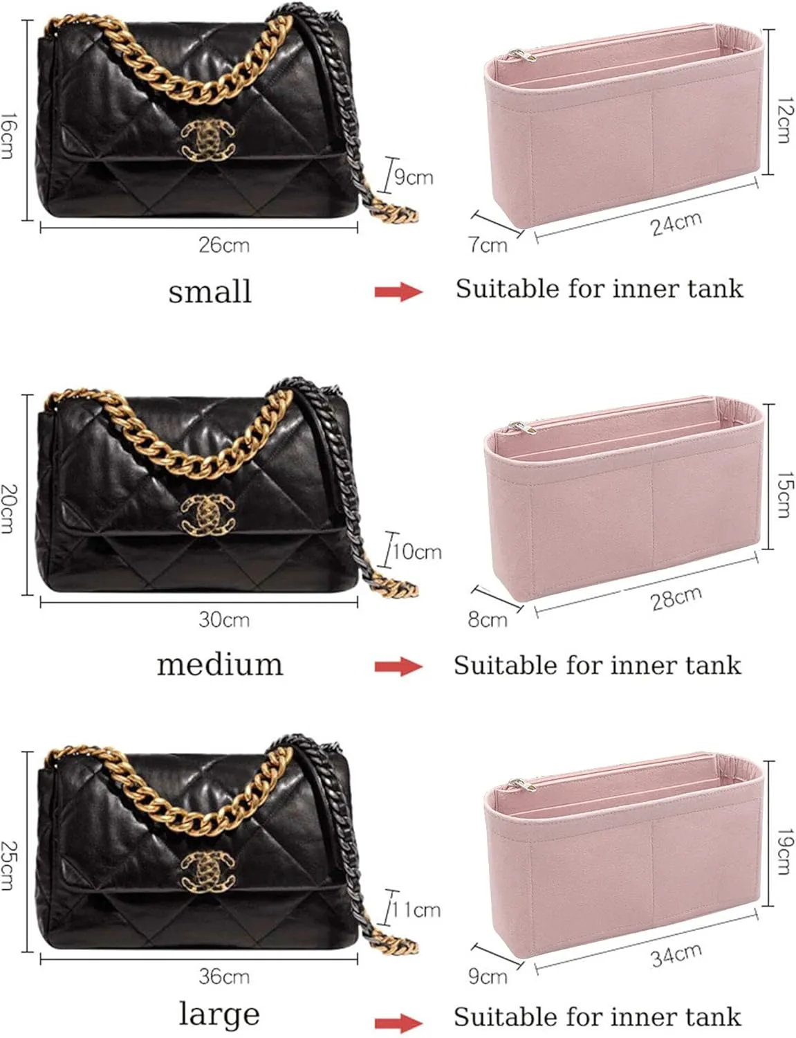 Lckaey Purse Organizer Insert for Chanel 19 Small bag with Side Zipper Pocket Handbag Chanel Maxi Flip bag Organizer Y002pink-L