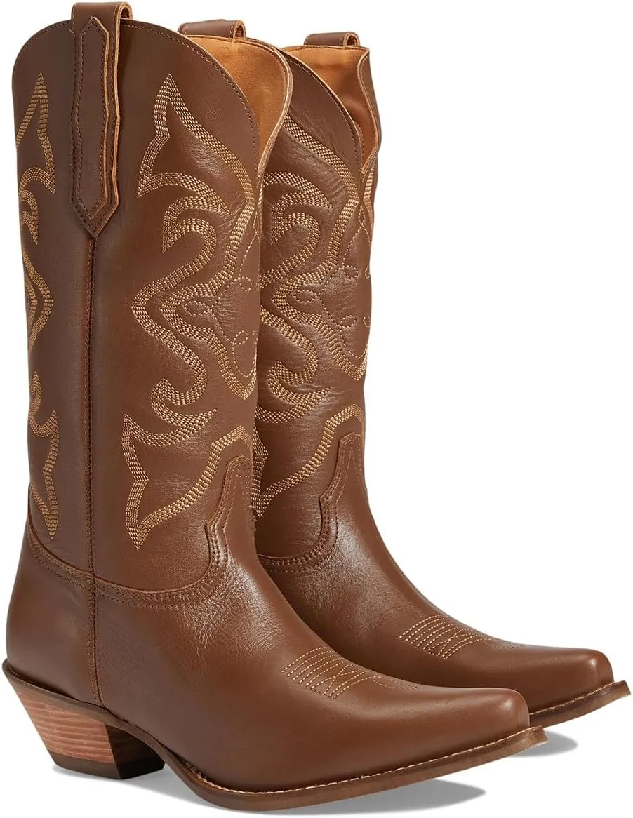 LEHOOR Cowboy Boots Women Embroidered Mid Calf Western Boots Stacked Low Heel Pointed Toe Pull On Cowgirl Boot 4-11 M US