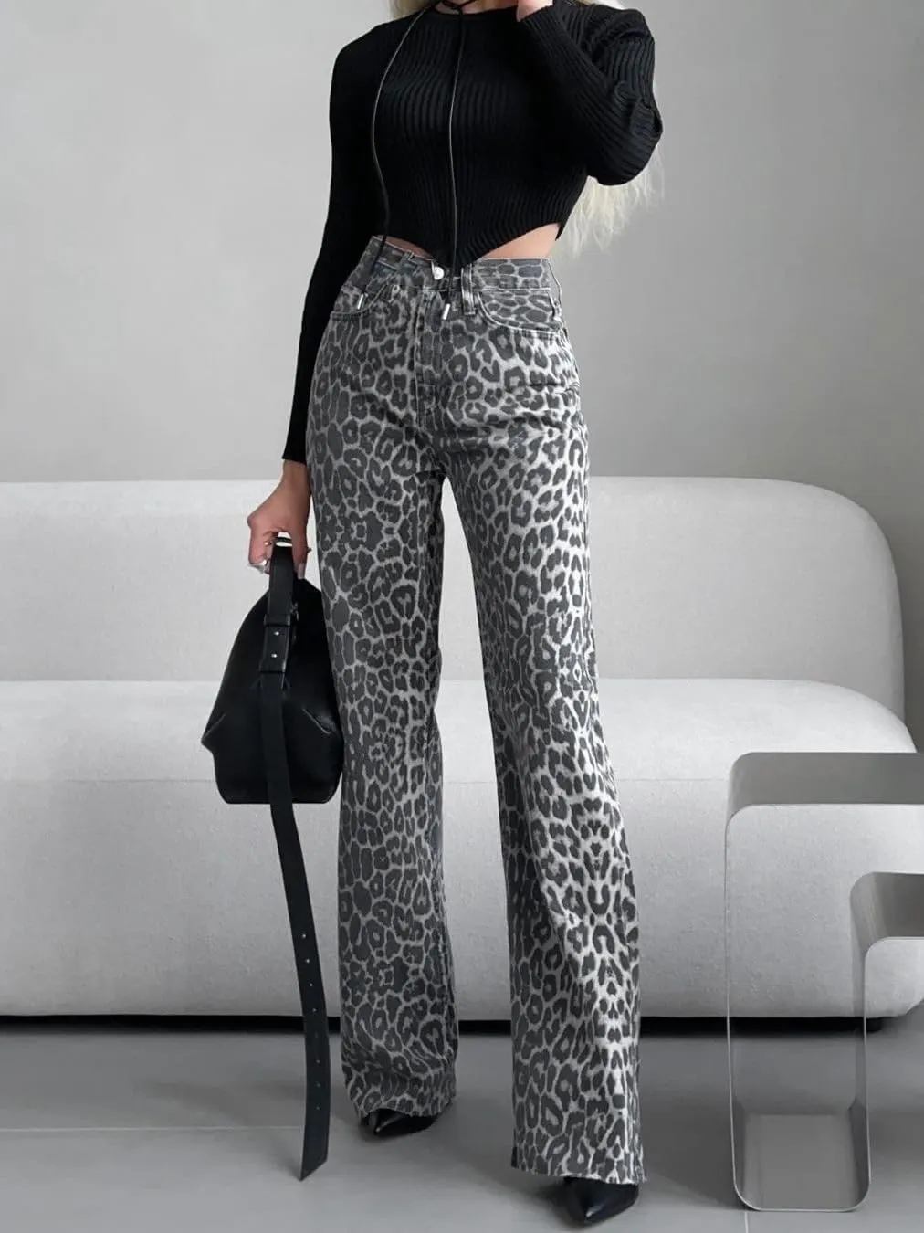 Leopard Jeans for Women High Waist Straight Leg Boot Cut Pants Vintage Loose Fit Baggy Jeans Cheetah Print Pants