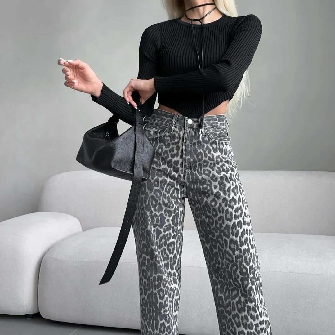 Leopard Jeans for Women High Waist Straight Leg Boot Cut Pants Vintage Loose Fit Baggy Jeans Cheetah Print Pants