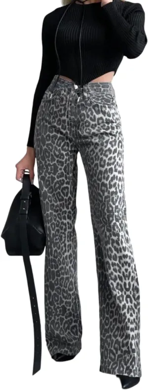 Leopard Jeans for Women High Waist Straight Leg Boot Cut Pants Vintage Loose Fit Baggy Jeans Cheetah Print Pants