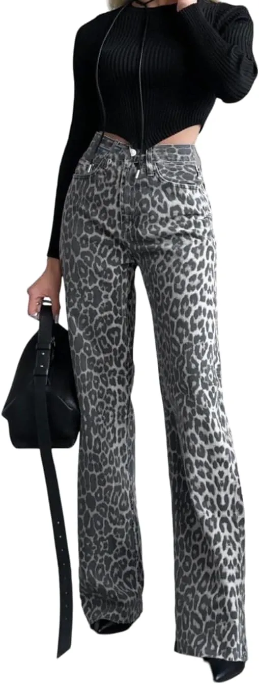 Leopard Jeans for Women High Waist Straight Leg Boot Cut Pants Vintage Loose Fit Baggy Jeans Cheetah Print Pants
