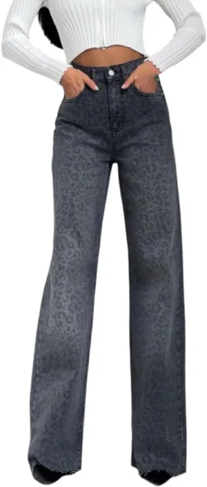 Leopard Jeans for Women High Waist Straight Leg Boot Cut Pants Vintage Loose Fit Baggy Jeans Cheetah Print Pants