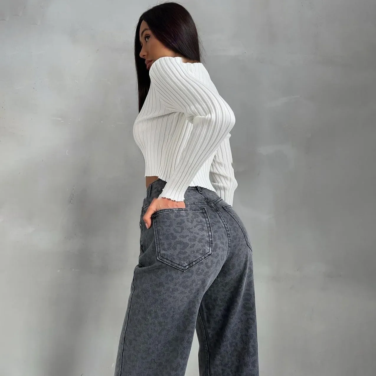 Leopard Jeans for Women High Waist Straight Leg Boot Cut Pants Vintage Loose Fit Baggy Jeans Cheetah Print Pants