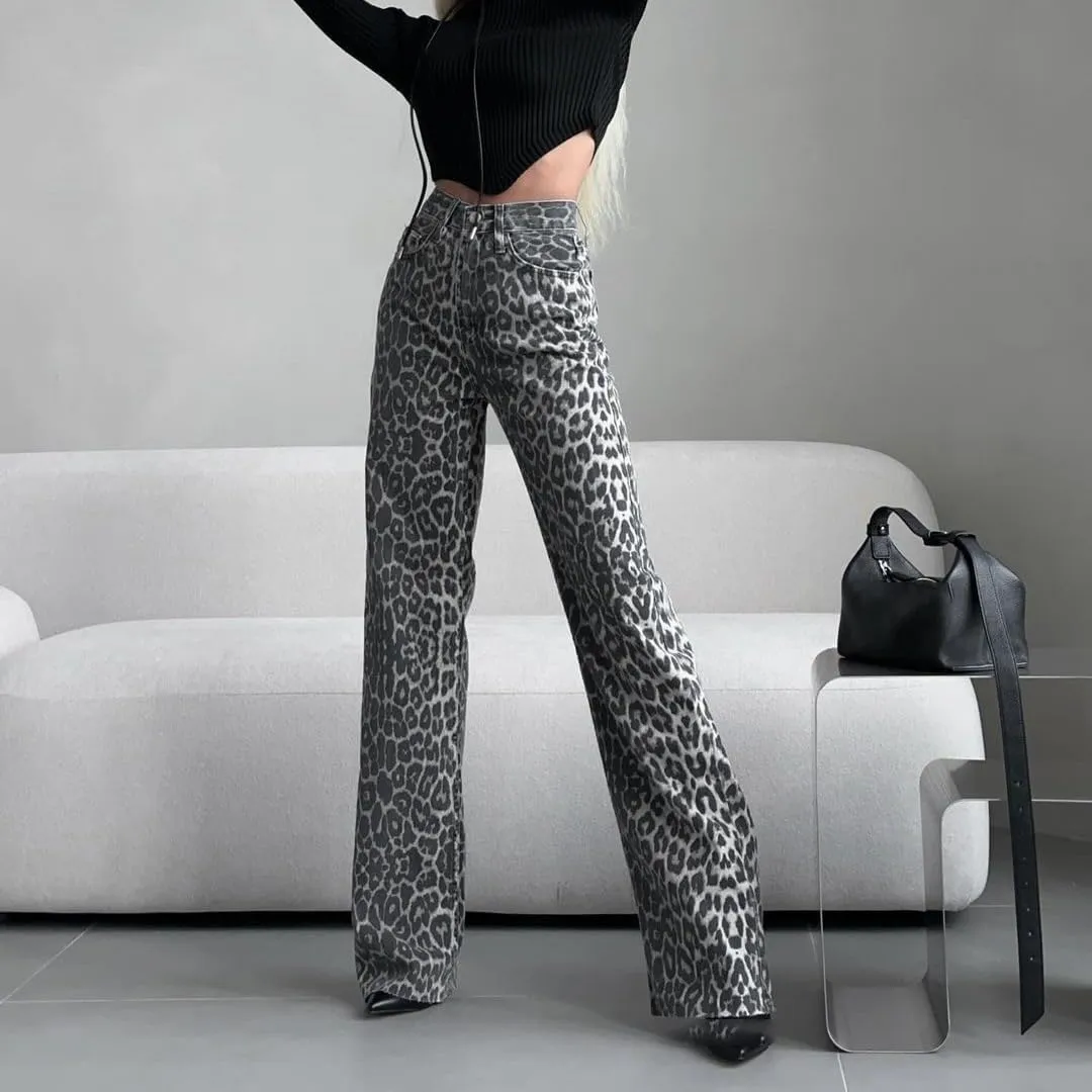 Leopard Jeans for Women High Waist Straight Leg Boot Cut Pants Vintage Loose Fit Baggy Jeans Cheetah Print Pants