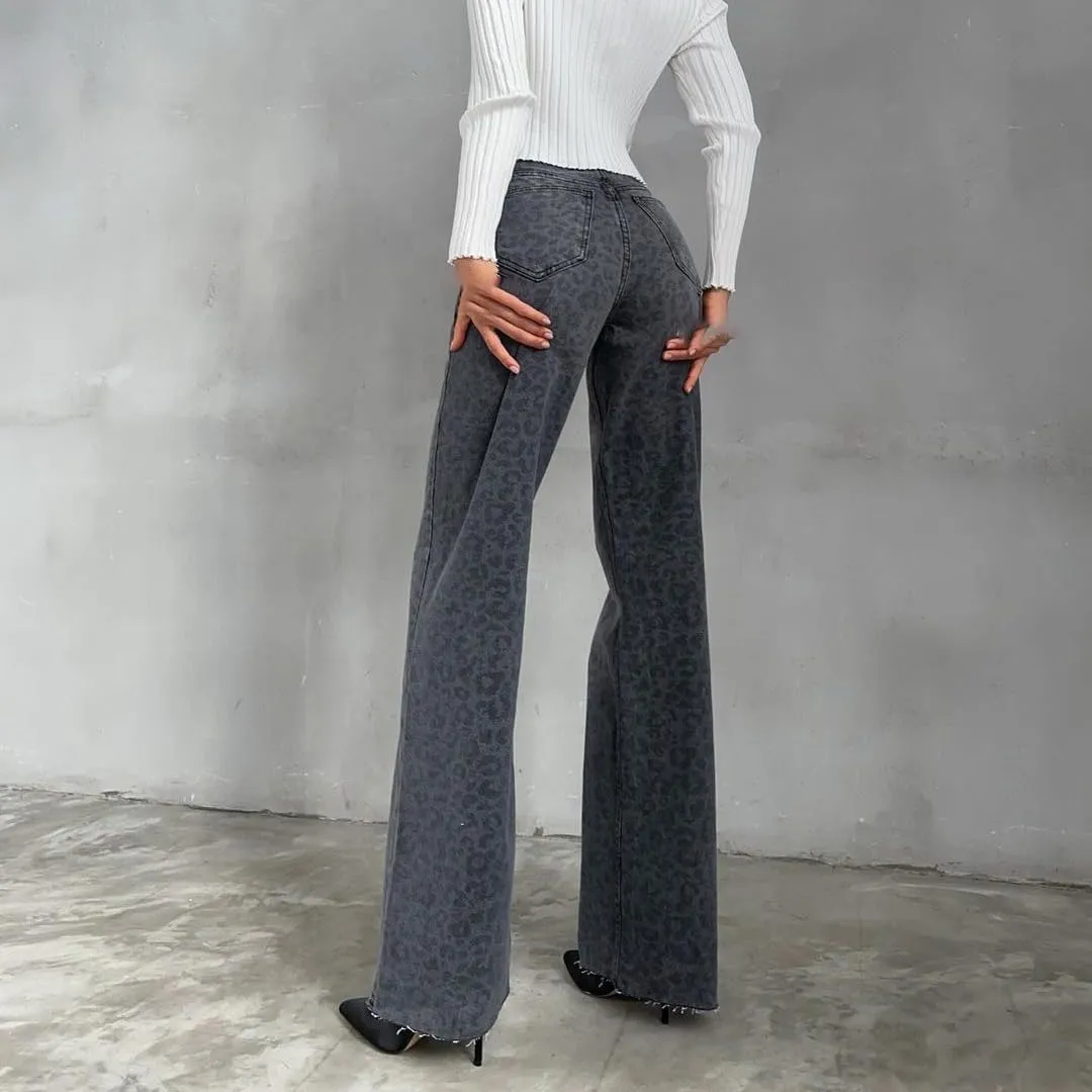 Leopard Jeans for Women High Waist Straight Leg Boot Cut Pants Vintage Loose Fit Baggy Jeans Cheetah Print Pants
