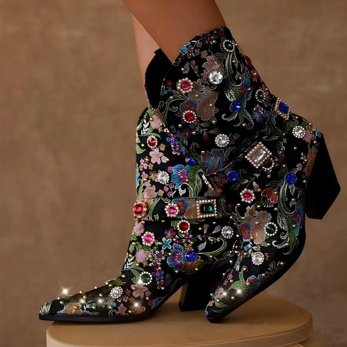 LOCERICH Women Rhinestone Cowboy Sparkly Cowgirl Boots Diamond Western Floral Embroidery Mid Calf Booties