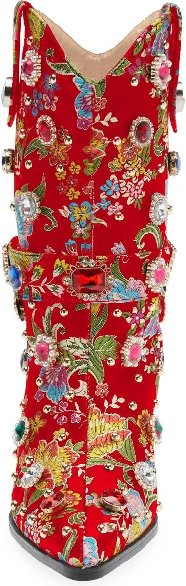LOCERICH Women Rhinestone Cowboy Sparkly Cowgirl Boots Diamond Western Floral Embroidery Mid Calf Booties
