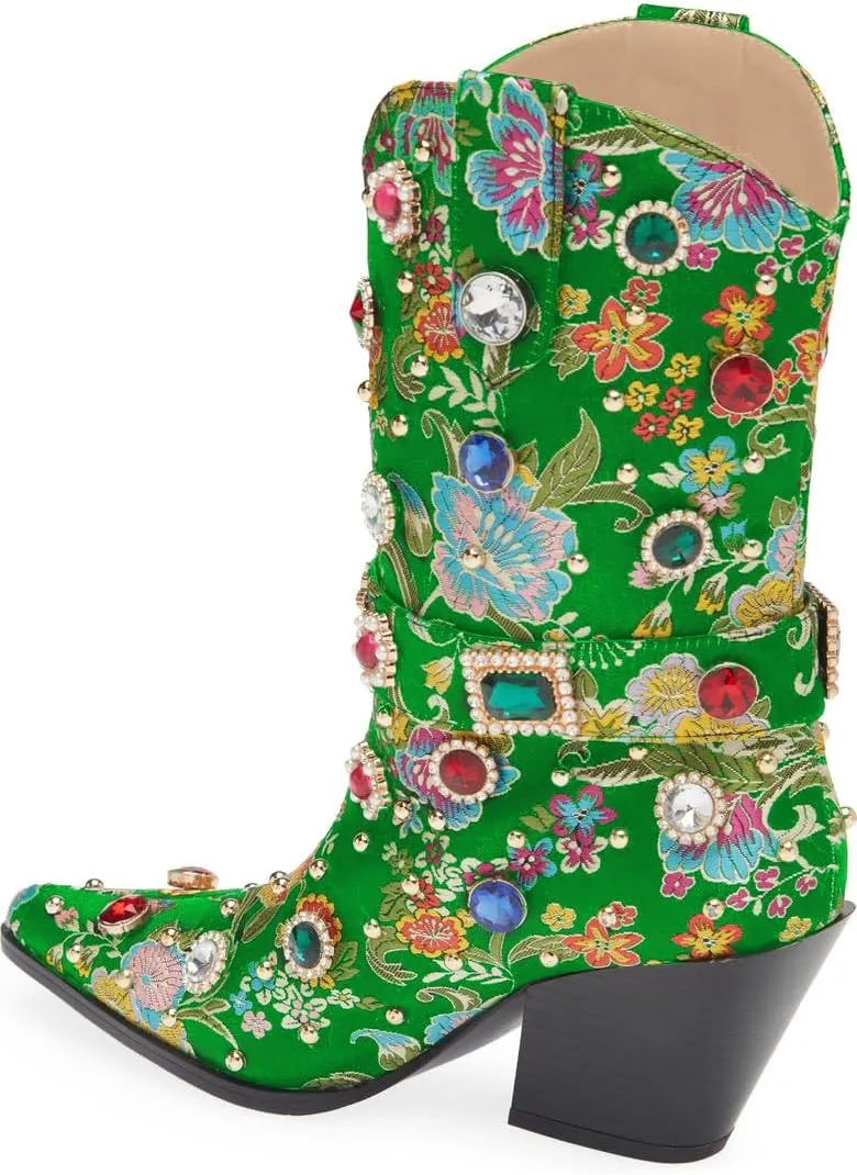 LOCERICH Women Rhinestone Cowboy Sparkly Cowgirl Boots Diamond Western Floral Embroidery Mid Calf Booties