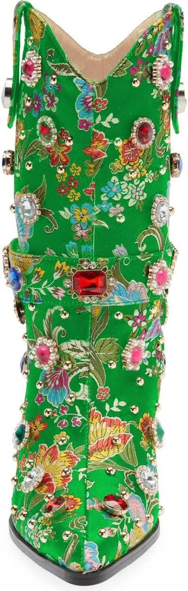 LOCERICH Women Rhinestone Cowboy Sparkly Cowgirl Boots Diamond Western Floral Embroidery Mid Calf Booties
