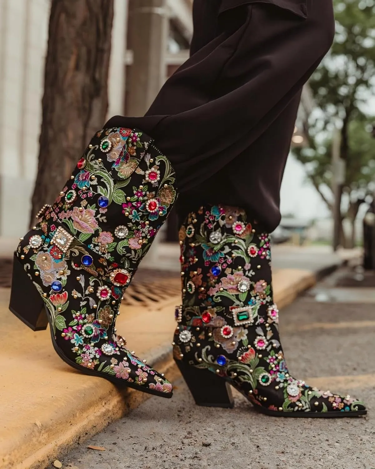 LOCERICH Women Rhinestone Cowboy Sparkly Cowgirl Boots Diamond Western Floral Embroidery Mid Calf Booties