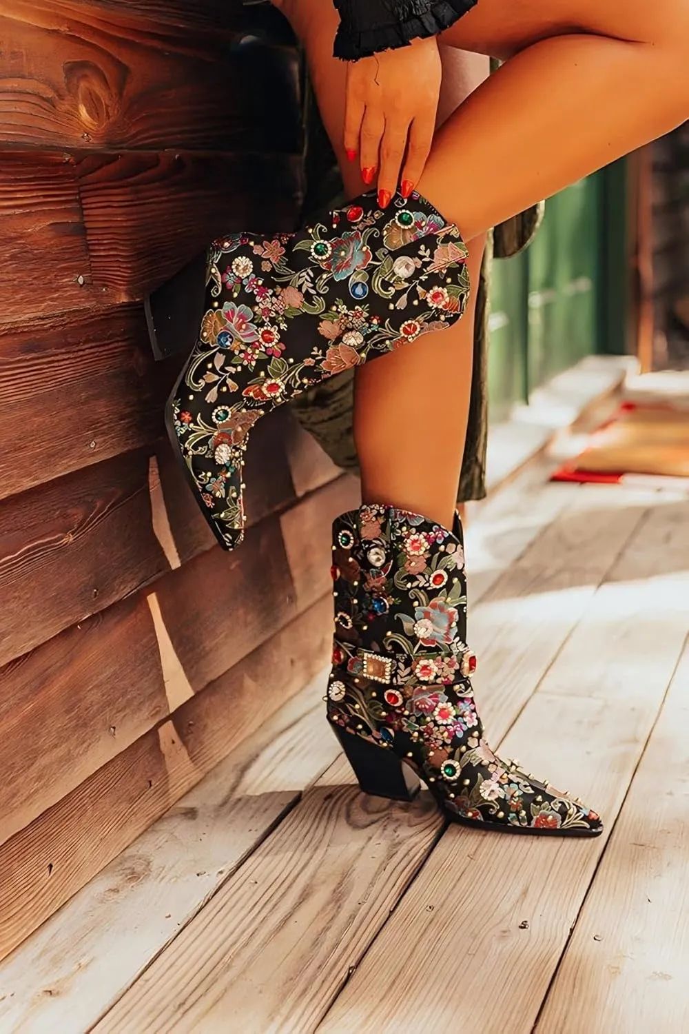 LOCERICH Women Rhinestone Cowboy Sparkly Cowgirl Boots Diamond Western Floral Embroidery Mid Calf Booties
