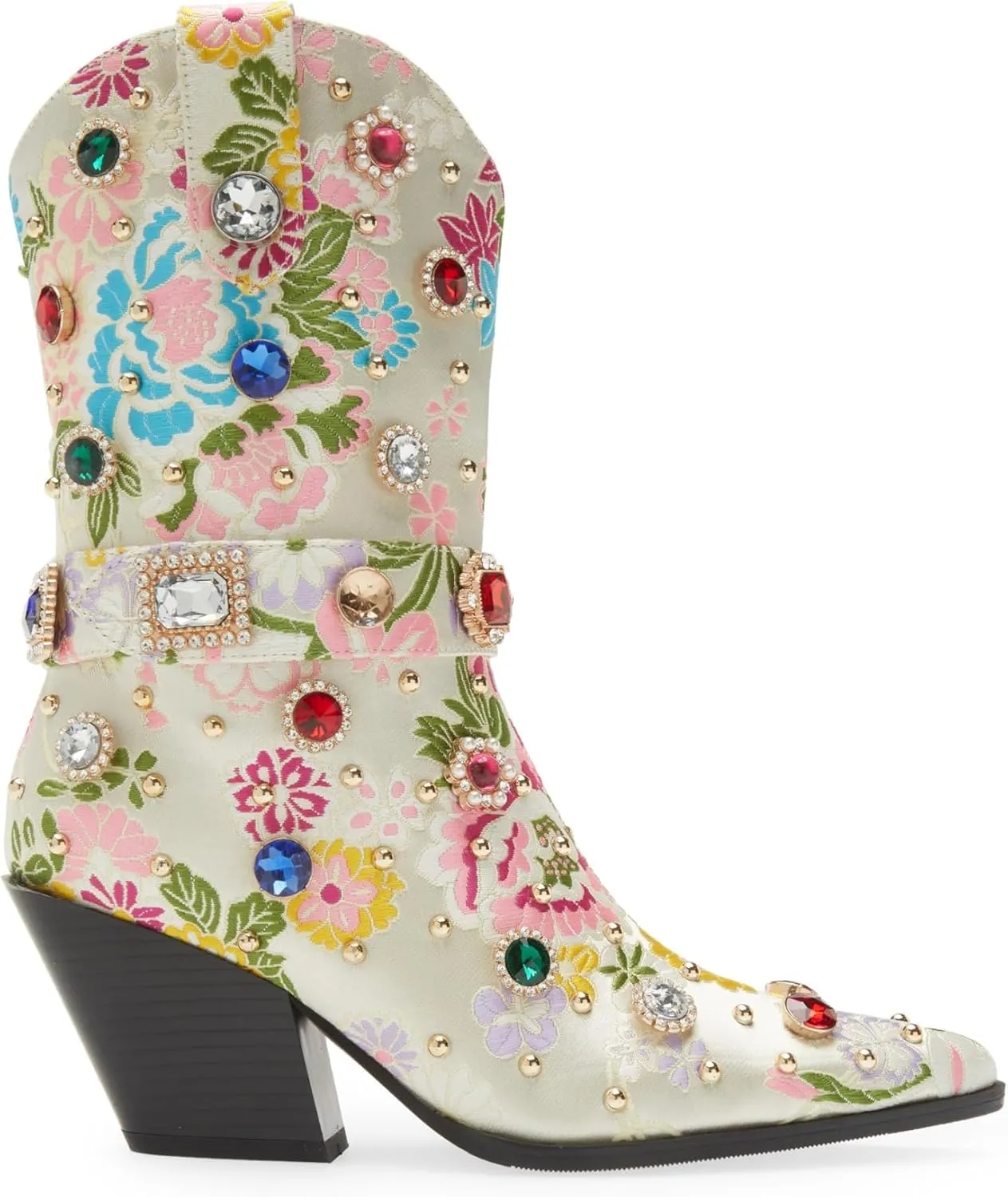 LOCERICH Women Rhinestone Cowboy Sparkly Cowgirl Boots Diamond Western Floral Embroidery Mid Calf Booties