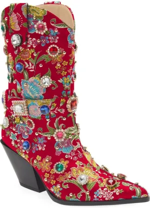 LOCERICH Women Rhinestone Cowboy Sparkly Cowgirl Boots Diamond Western Floral Embroidery Mid Calf Booties
