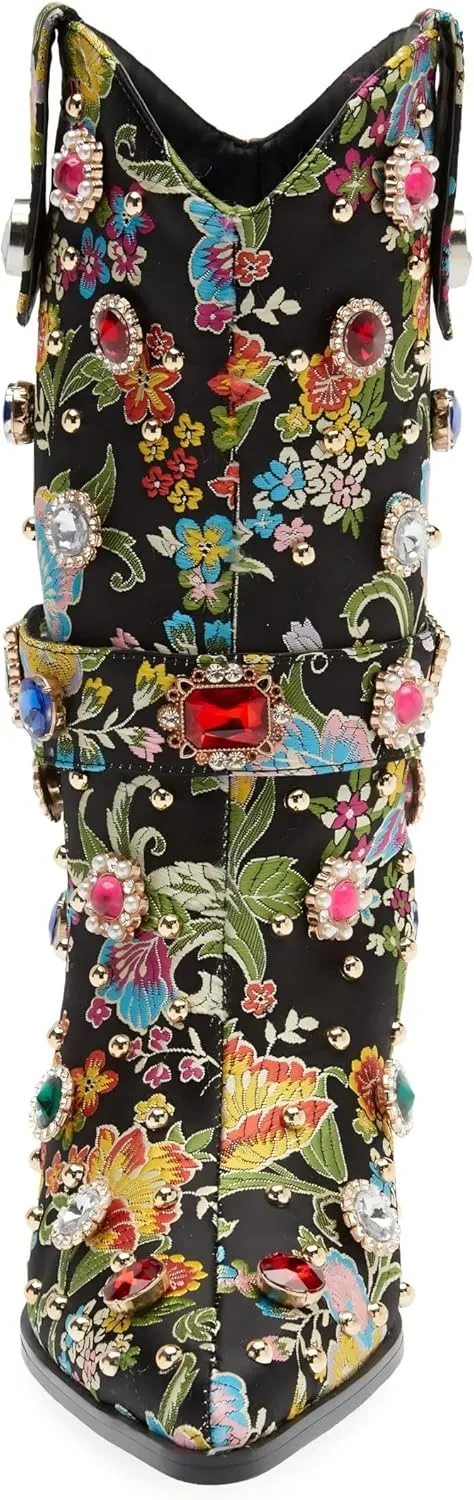 LOCERICH Women Rhinestone Cowboy Sparkly Cowgirl Boots Diamond Western Floral Embroidery Mid Calf Booties