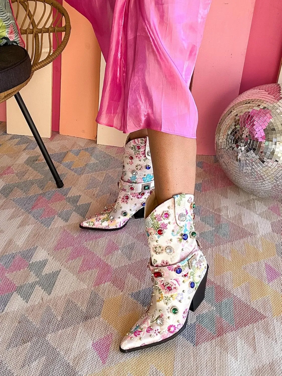 LOCERICH Women Rhinestone Cowboy Sparkly Cowgirl Boots Diamond Western Floral Embroidery Mid Calf Booties